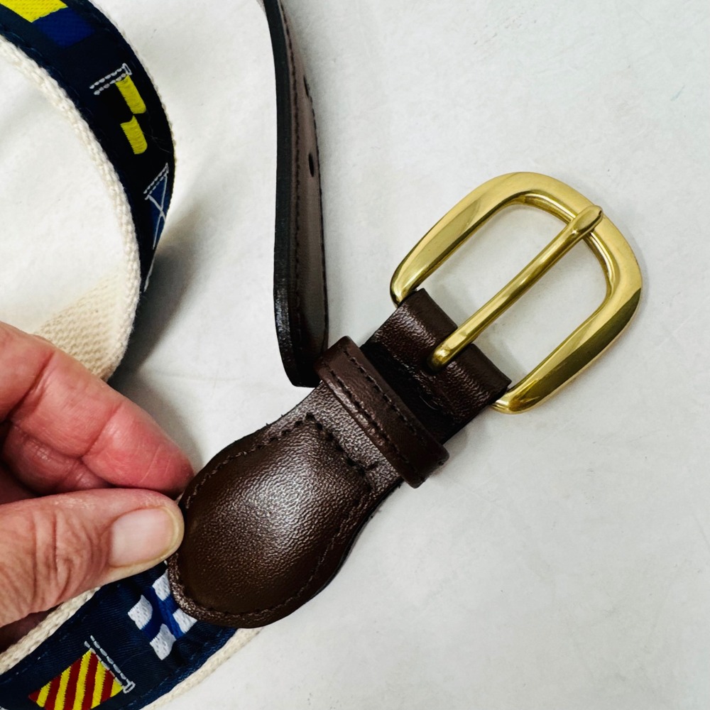 Nautical Sailing Signal Flag Canvas Leather Belt Navy Cream 36 Made in USA - Picture 3 of 6